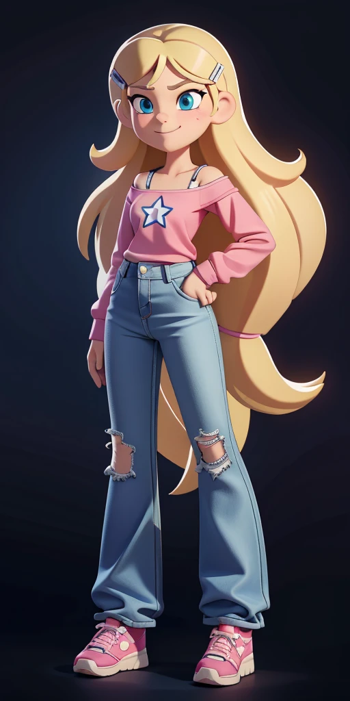 score_9, source_cartoon, masterpiece, best quality, 1girl, solo, Kelly Marra, looking very happy, long hair, blonde hair, cute blue eyes, hair ornament, white long sleeves, hairclip, flare blue pants(Wide flares on pants:1.2), pink shoes, off shoulder, white star (symbol) in the middle of the shirt, Pink t-shirt,
