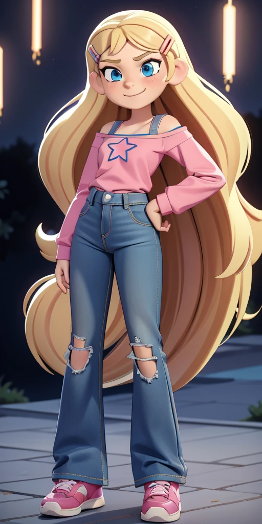 score_9, source_cartoon, masterpiece, best quality, 1girl, solo, Kelly Marra, looking very happy, long hair, blonde hair, cute blue eyes, hair ornament, white long sleeves, hairclip, flare blue pants(Wide flares on pants:1.2), pink shoes, off shoulder, white star (symbol) in the middle of the shirt, Pink t-shirt,
