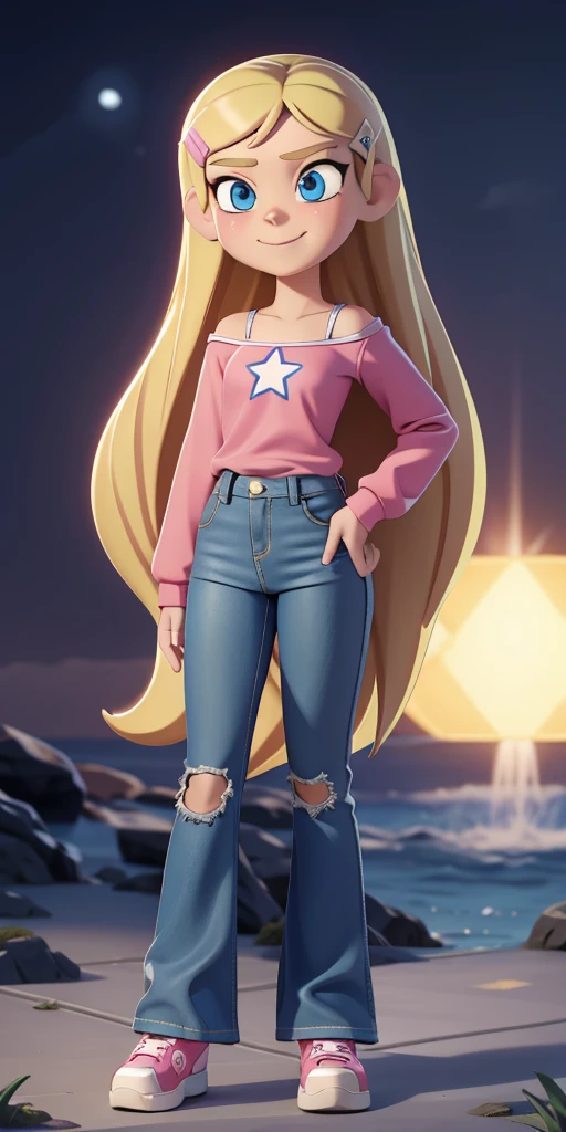 score_9, source_cartoon, masterpiece, best quality, 1girl, solo, Kelly Marra, looking very happy, long hair, blonde hair, cute blue eyes, hair ornament, white long sleeves, hairclip, flare blue pants(Wide flares on pants:1.2), pink shoes, off shoulder, white star (symbol) in the middle of the shirt, Pink t-shirt,
