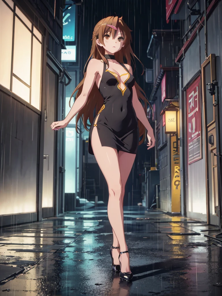 Girl, short tight dress With a deep decal, You can see her breasts,  Bare breasts, chest visible, street  background, Narrow passage between houses, night, rain, slim body, In full growth, Stiletto Shoes , small breast, 