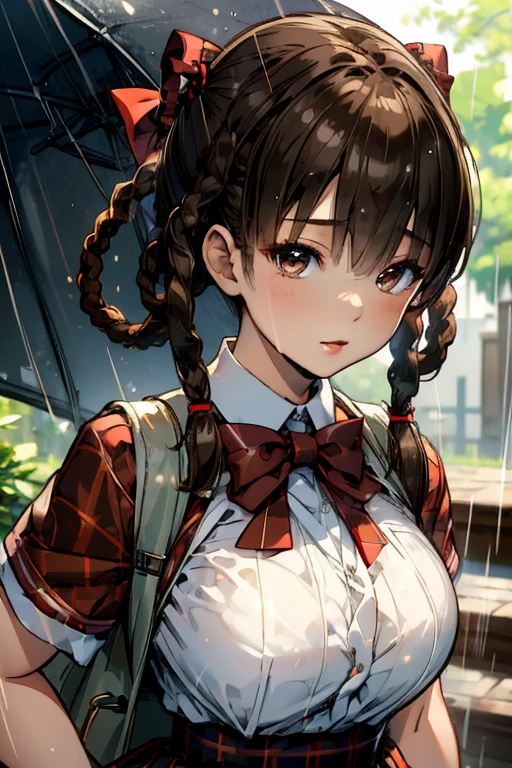 ((ultra detailed, masterpiece, absurdres)) DOALeiFang, 1girl, brown hair, brown eyes, twin braids, hair rings, portrait , steam , rain , plaid skirt , pleated skirt , Tight shirt , white Shirt , school girl , red bow , red knot ,