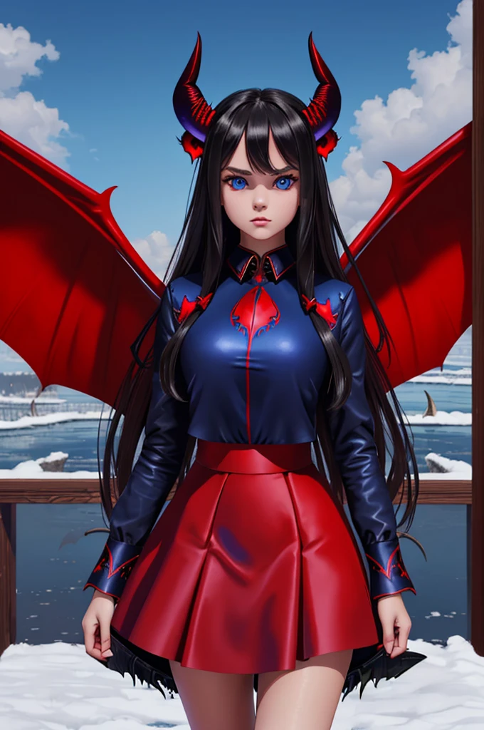 16 year old Kristina Pimenova, ultra detailed face, ultra detailed blue eyes, long black hair, horns, (red dress, skirt), (((masterpiece, large demon wings:1.3)))