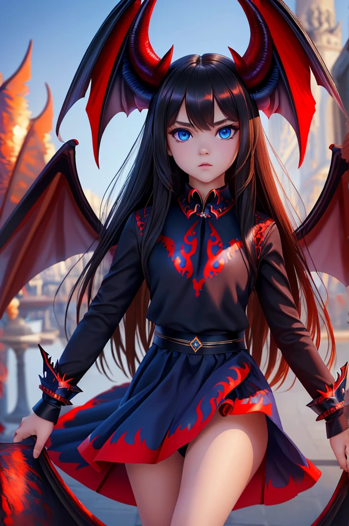  Kristina Pimenova, ultra detailed face, ultra detailed blue eyes, long black hair, horns, (red dress, skirt), (((masterpiece, large demon wings:1.3)))