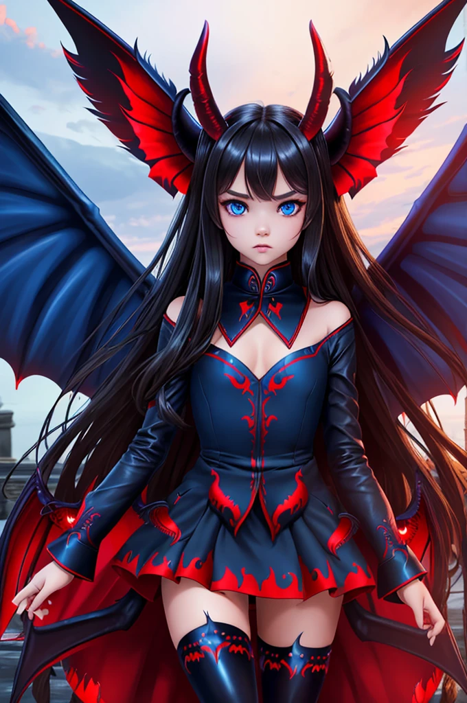  Kristina Pimenova, ultra detailed face, ultra detailed blue eyes, long black hair, horns, (red dress, skirt), (((masterpiece, large demon wings:1.3)))