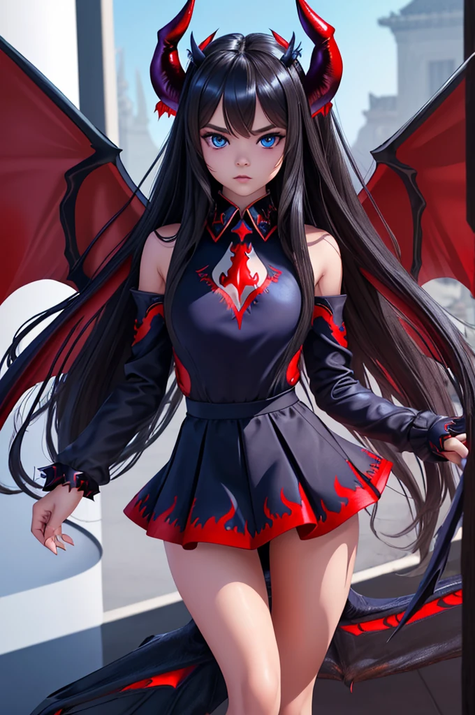  Kristina Pimenova, ultra detailed face, ultra detailed blue eyes, long black hair, horns, (red dress, skirt), (((masterpiece, large demon wings:1.3)))