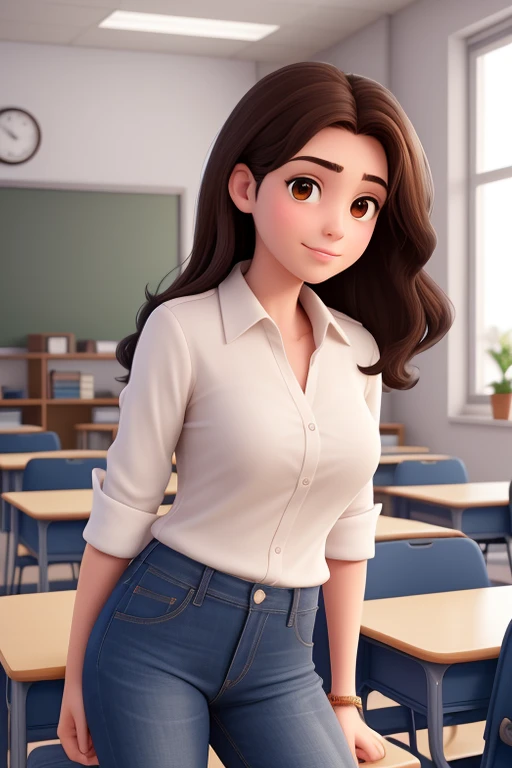 A Woman 30 years old, working in a classroom. Bblack hair, Round face, charmer smile, and brown, slightly slanted eyes, first the king, wearing a shirt and working. white shirt and jeans