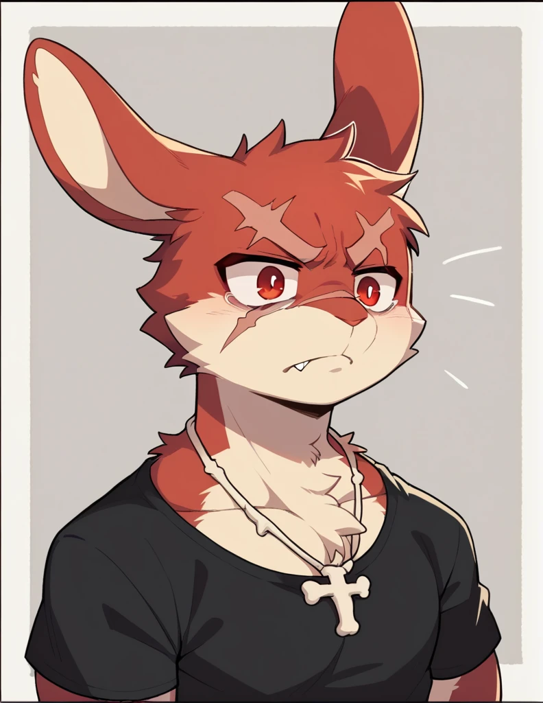 (Rabbit), anthropomorphic red rabbit, alone, (scar on left eye), (2-tone white and red fur), (neck), (perfect red eyes:1.4), (Artist:Takemoto Arashi), twitch, mature face, older, clear facial details, Rough intimidating, , side of character, long eyelashes, fang, serius , Black shirt, Bone necklace, exposing chest, ((show upper body)), ((Bust)), Full Length Portrait, Tonalism, Head Out of Frame, Outer Border, Tachi-E, High Details