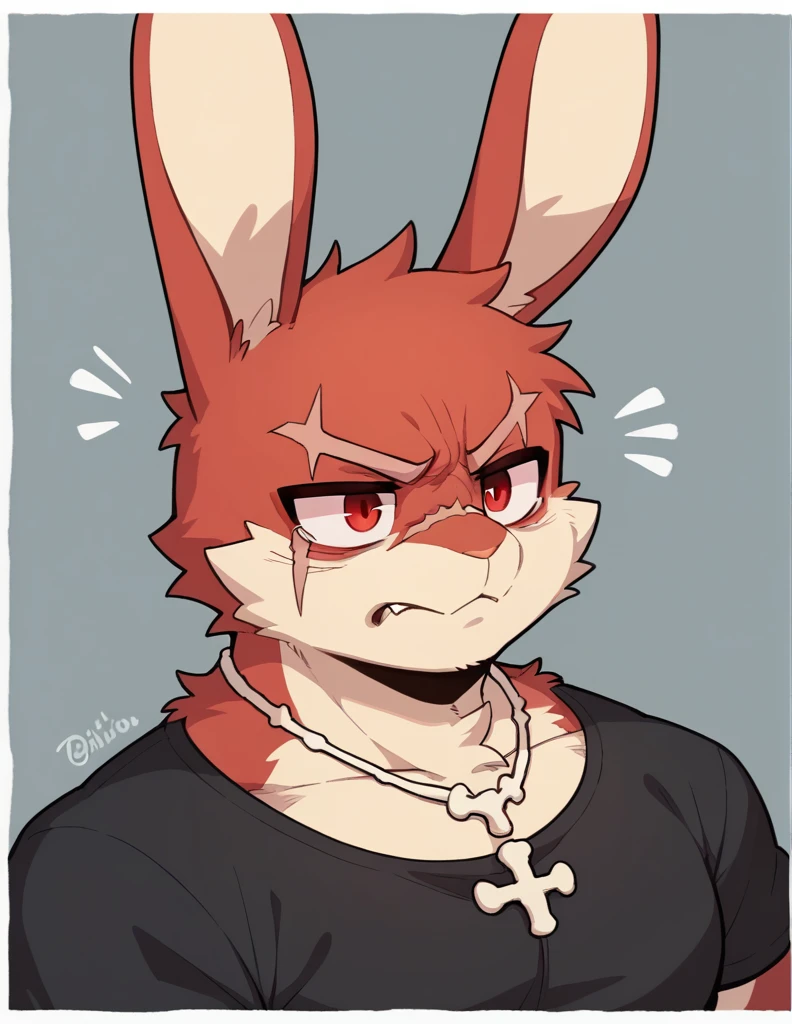 (Rabbit), anthropomorphic red rabbit, alone, (scar on left eye), (2-tone white and red fur), (neck), (perfect red eyes:1.4), (Artist:Takemoto Arashi), twitch, mature face, older, clear facial details, Rough intimidating, , side of character, long eyelashes, fang, serius , Black shirt, Bone necklace, exposing chest, ((show upper body)), ((Bust)), Full Length Portrait, Tonalism, Head Out of Frame, Outer Border, Tachi-E, High Details