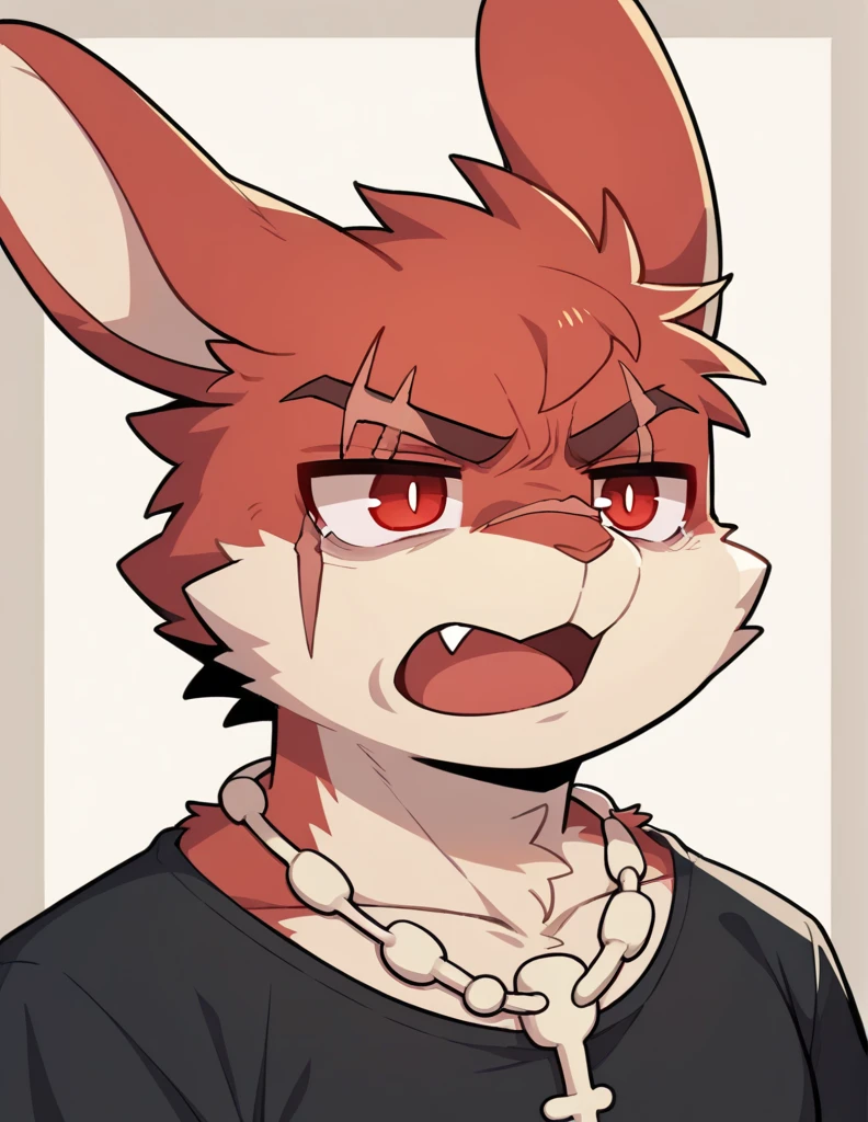 (Rabbit), anthropomorphic red rabbit, alone, (scar on left eye), (2-tone white and red fur), (neck), (perfect red eyes:1.4), (Artist:Takemoto Arashi), twitch, mature face, older, clear facial details, Rough intimidating, , side of character, long eyelashes, fang, serius , Black shirt, Bone necklace, exposing chest, ((show upper body)), ((Bust)), Full Length Portrait, Tonalism, Head Out of Frame, Outer Border, Tachi-E, High Details