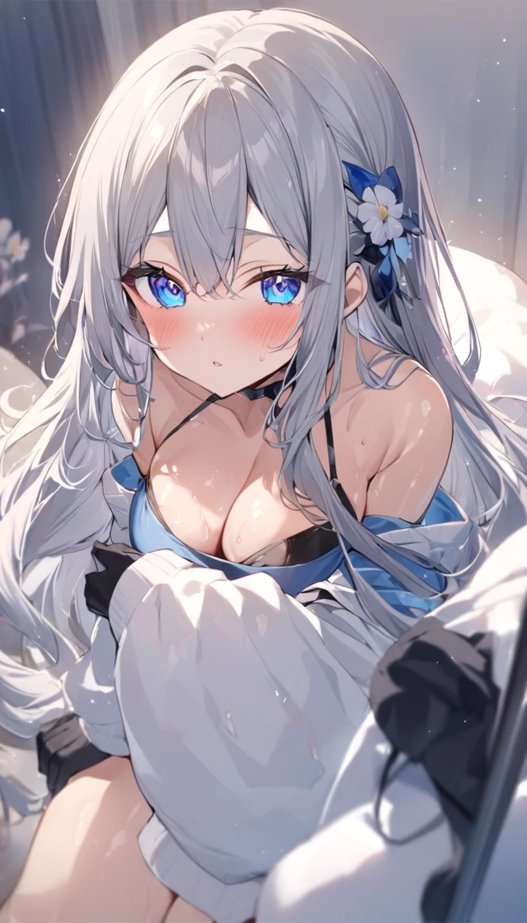 Anime illustration、alone,One Girl(Large Breasts)(masterpiece, Highest quality:1.2),Spread your ass wide、Half a T-shirt,Back view,thong black gloves,Highest quality、Plump Gravure Idol、Sexy idol pose、Perfect proportions,bath、Blurred foreground,(Big Breasts)、Thick thighs、Sweaty,((Shiny Hair, Shiny skin)),1000+ Favorite quality,Gray Hair、Blue pupil、long hair
