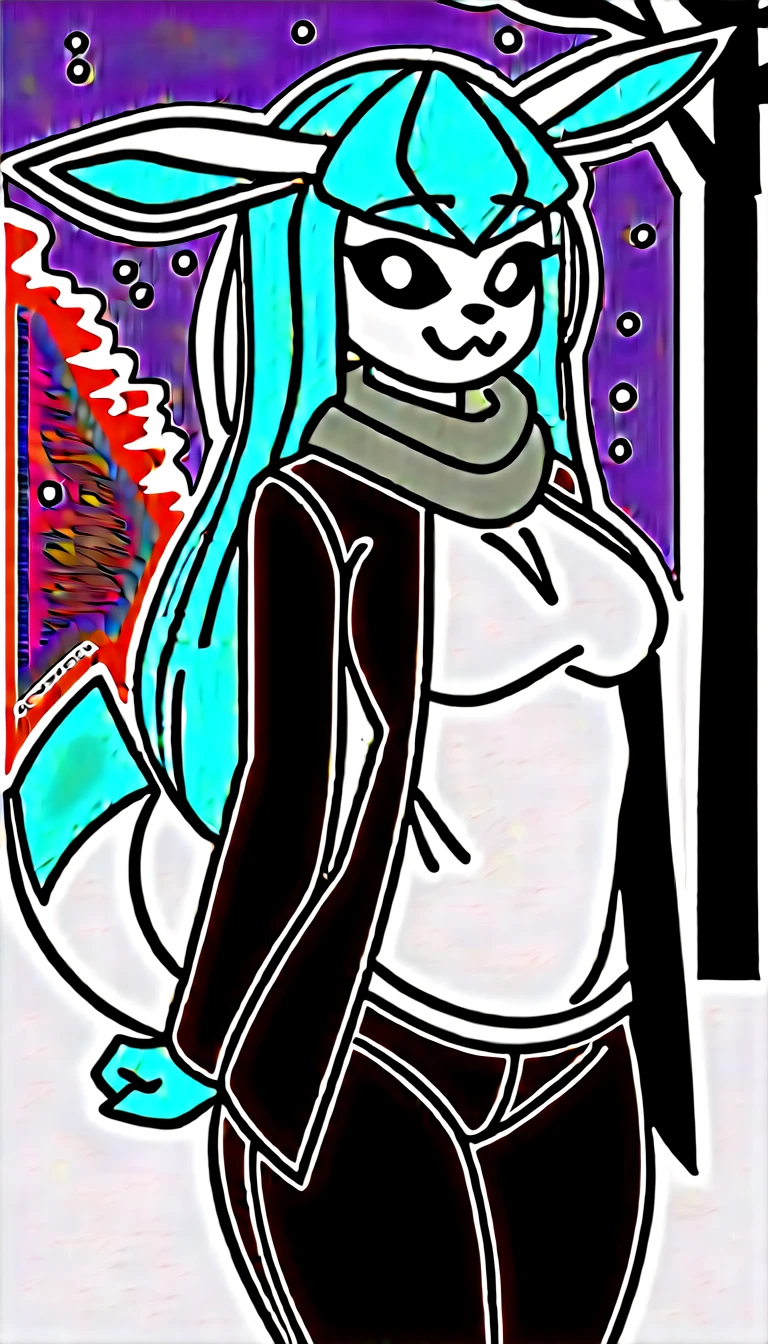 Excited expression, 1girl, anthro, furry, fur, fluffy fur, glaceon girl, blue hair (cyan highlights), black sclera, white eyes, long hair, Messy hair, (19 years), medium breast, thicc thighs, solo, snow, park, snowing, detailed, smug smile, black coat, white sweater, black pants, gray scarf, score_9, score_8_up, score_7_up, score_6_up, score_5_up, score_4_up
