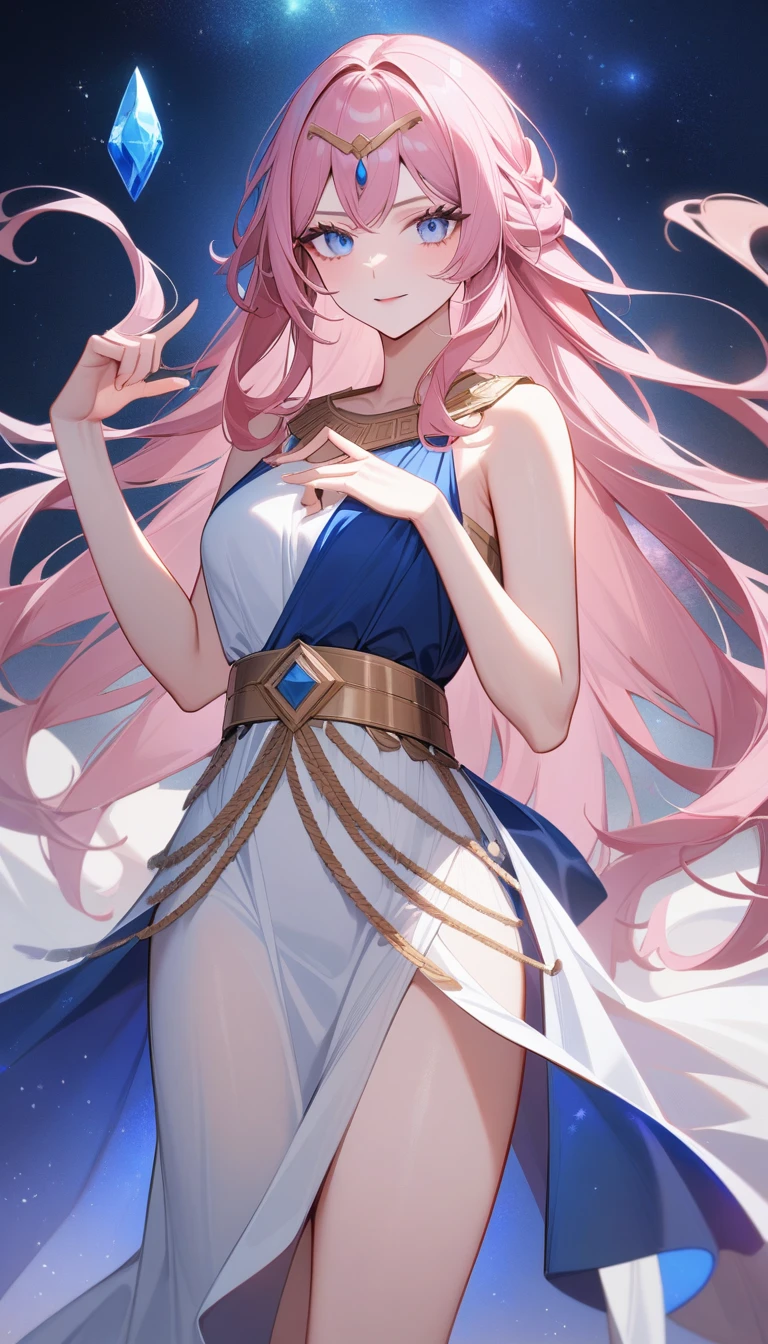 （Huang Li、high quality、Extremely detailed），Constellation - Virgo，Similar to Latin goodness，brave，capricious，Productivity，The face of enterprising and humanitarianism，Pink long hair，Ancient Greek costumes、Wrap Dress，The background is the universe，Crystal blue eyes（Eyes Details），Powerful appearance，Correct finger，Correct anatomy