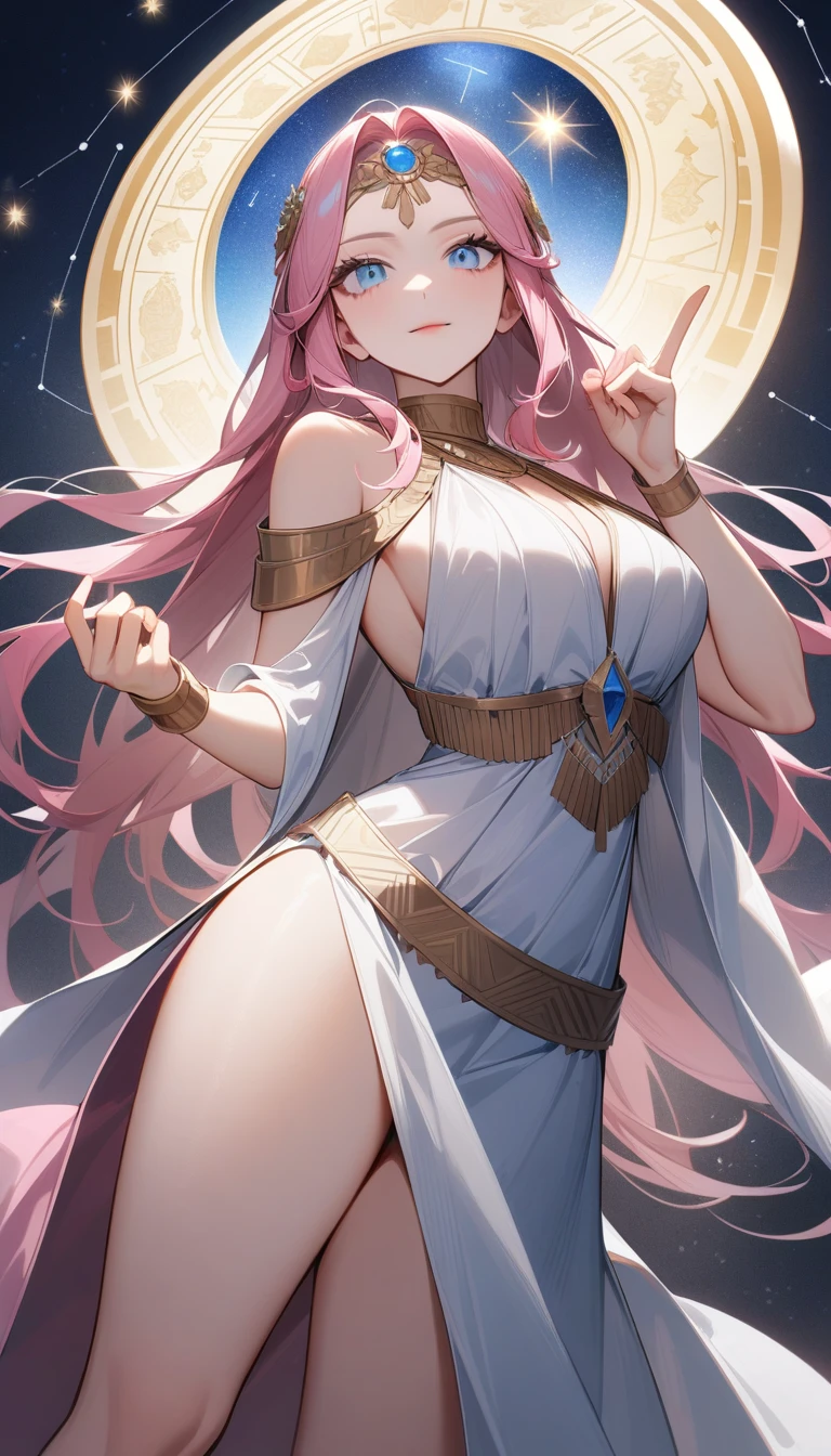 (Huang Li、high quality、Extremely detailed),Constellation - Virgo,Similar to Latin goodness,brave,capricious,Productivity,The face of enterprising and humanitarianism,Pink long hair,Ancient Greek costumes、Wrap Dress,The background is the universe,Crystal blue eyes(Eyes Details),Powerful appearance,Correct finger,Correct ???????