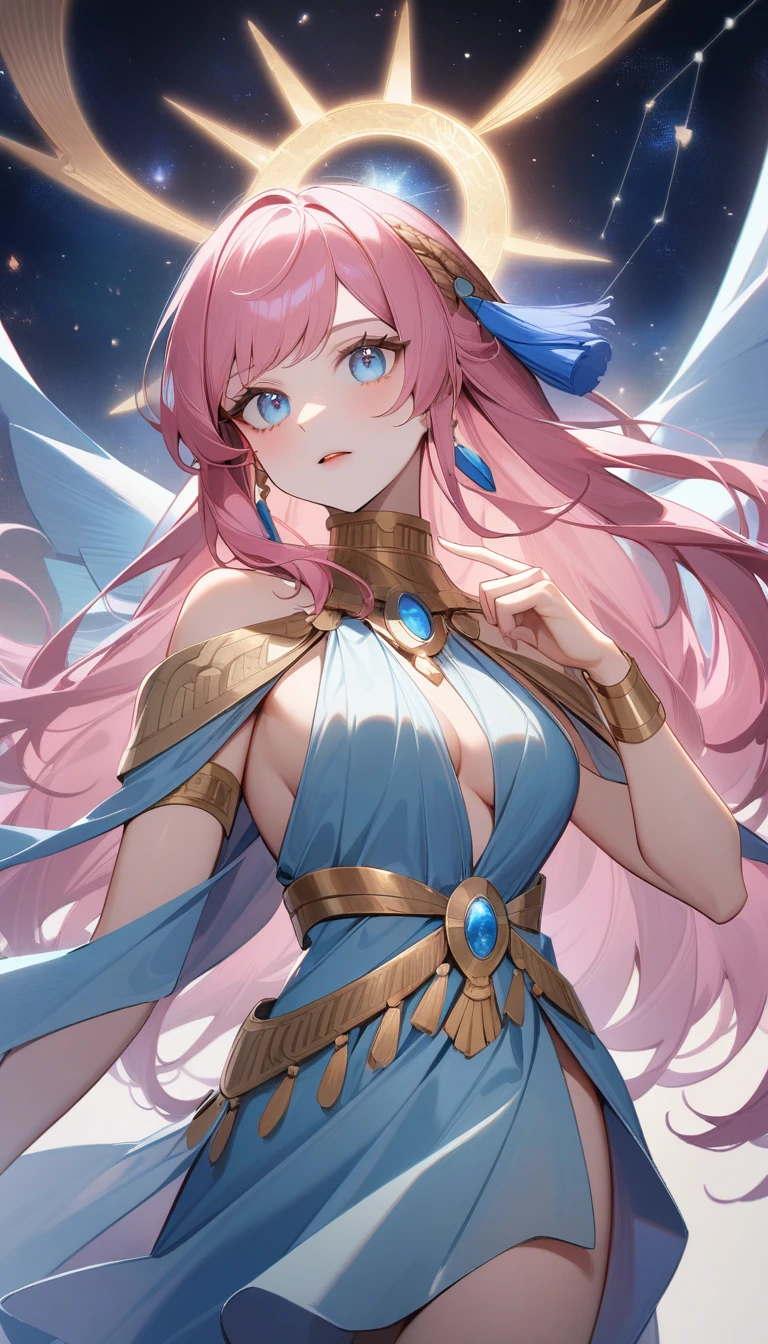 （Huang Li、high quality、Extremely detailed），Constellation - Virgo，Similar to Latin goodness，brave，capricious，Productivity，The face of enterprising and humanitarianism，Pink long hair，Ancient Greek costumes、Wrap Dress，The background is the universe，Crystal blue eyes（Eyes Details），Powerful appearance，Correct finger，Correct anatomy
