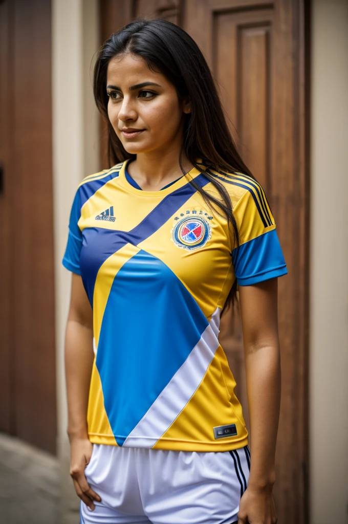 woman with the Colombian national team shirt # 12 the stadium with her back to her name Sandra