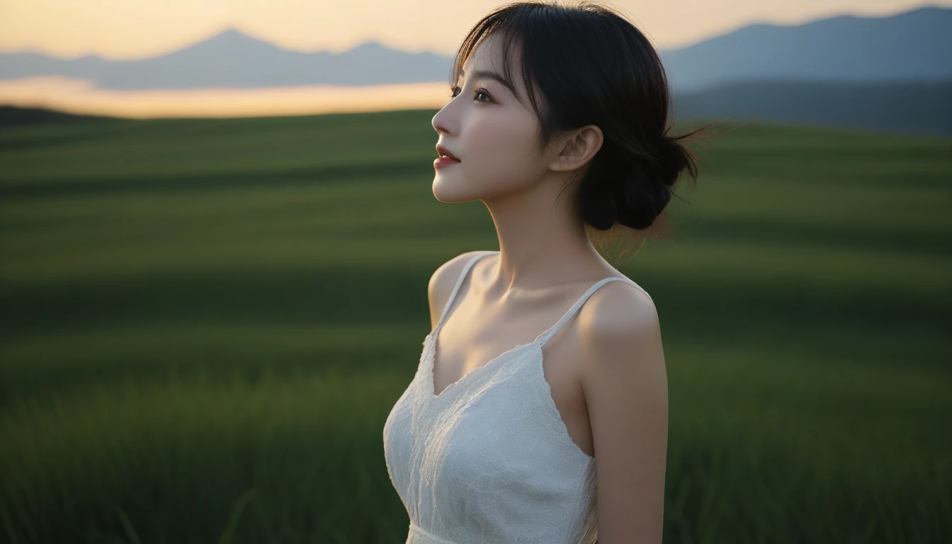 8K, Ultra-high resolution, Highest quality, masterpiece, 三分割法によるphotograph,Surreal, photograph, 1 Girl, (16 years old:1.3), pretty girl, Cute face, Beautiful eyes in every detail, 細かくdetailedに,masterpiece,One Girl:1.2, Japan Female Announcer,whole body,Fearful expression,Black Hair,Messy hair,広大な風景photograph、grassland、(View from below、Shows the sky above and below)、sunset、Girl in a white dress looking to the side、smile,Deng,Beautiful leg line beauty,Realistic Skin, Perfect and beautiful face ,完璧でCute face, Skin with attention to detail, Perfect limbs、Narrow waist、Thin legs),Looking at the audience、beauty,Long neck、(((Ideal body type))),A cup small breasts :2,Portraiture:2,Perfect Anatomy,鮮明なdetailed,detailed,Surreal,Light and shadow,darkness
