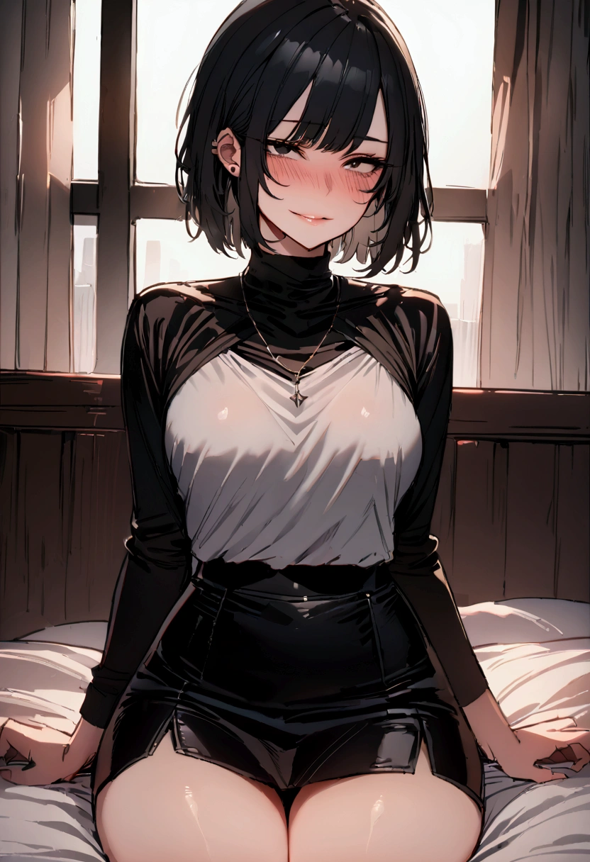masterpiece, best quality 1girl, solo, beautiful woman, bangs, black hair, short hair, bob cut, black eyes, deep blush, grin, medium breasts, ear ring, necklace, black turtle neck sweeter, short black skirt, plated skirt, looking at viewer sitting on bed