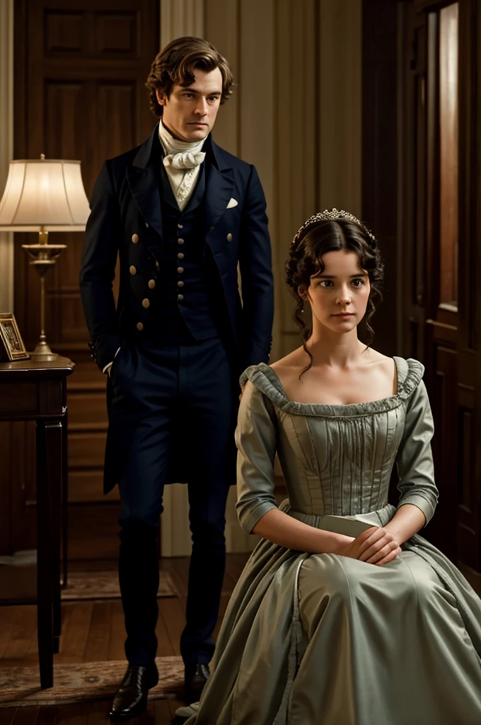 Here is a visual representation of Chapter 46 of "Pride and prejudice":

---

[scene: Elizabeth Bennet sits in a room illuminated by the light of an oil lamp, with a letter in his hands. His face shows a mix of shock and concern as he reads the words written by Jane.. The room is decorated with antique furniture and heavy curtains, creating an intimate and somber atmosphere that reflects the gravity of the moment.

Jane&#39;s letter is open on a nearby table., and a prominent passage can be seen mentioning Lydia&#39;s elopement with Wickham. Elizabeth is horrified by the implications of this impending scandal for her family and is deeply concerned for her sister&#39;s well-being..

Fitzwilliam Darcy enters the room, with a serious but understanding expression on his face. He is dressed in a formal suit, as if he had arrived immediately to offer his help. Elizabeth looks up at him with a mixture of surprise and gratitude., realizing in that moment how much Darcy cares about her and her family.

The scene conveys emotional tension and concern, but also a sense of support and comfort that Darcy is willing to offer Elizabeth in this difficult time.]

--- I hope this illustration captures the essence of Chapter 46 effectively.