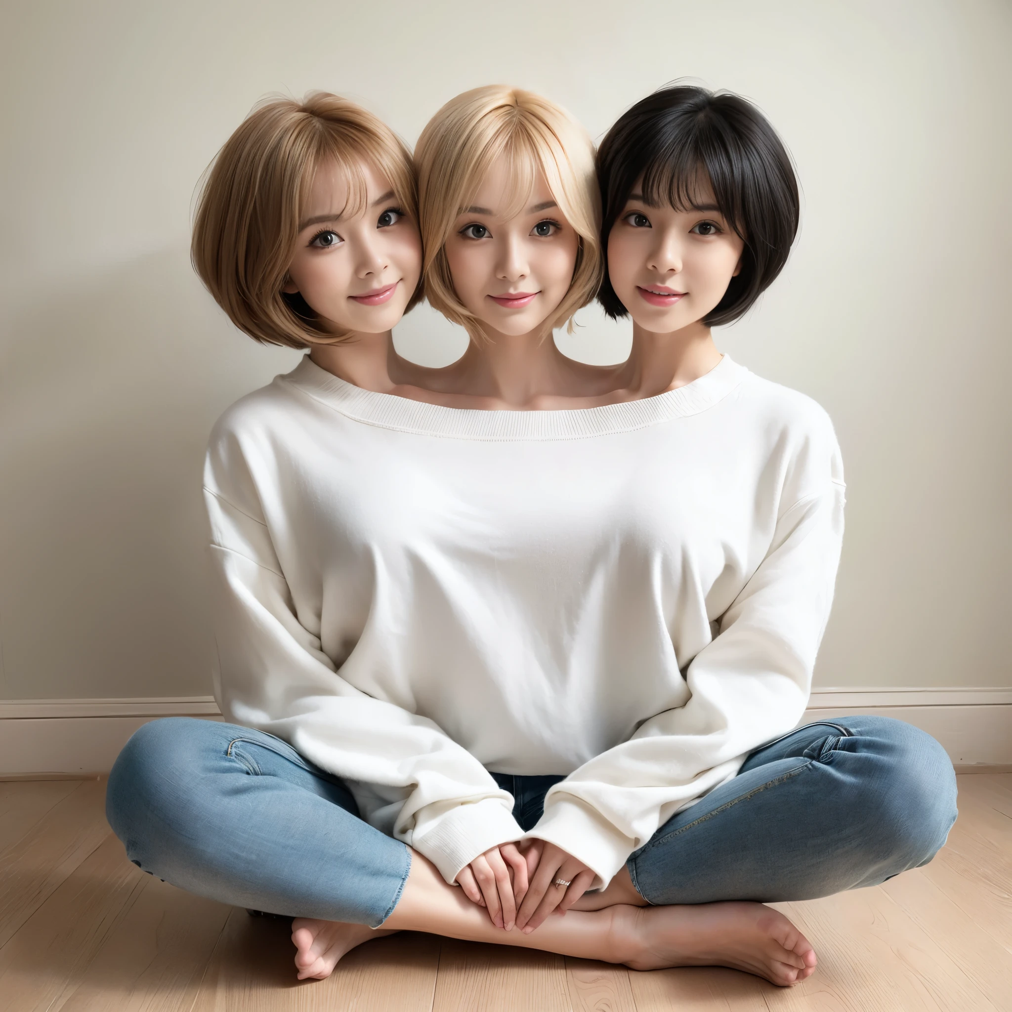 Best resolution, 2 heads, korean woman with three heads, sweater, different faces, jeans , sitting