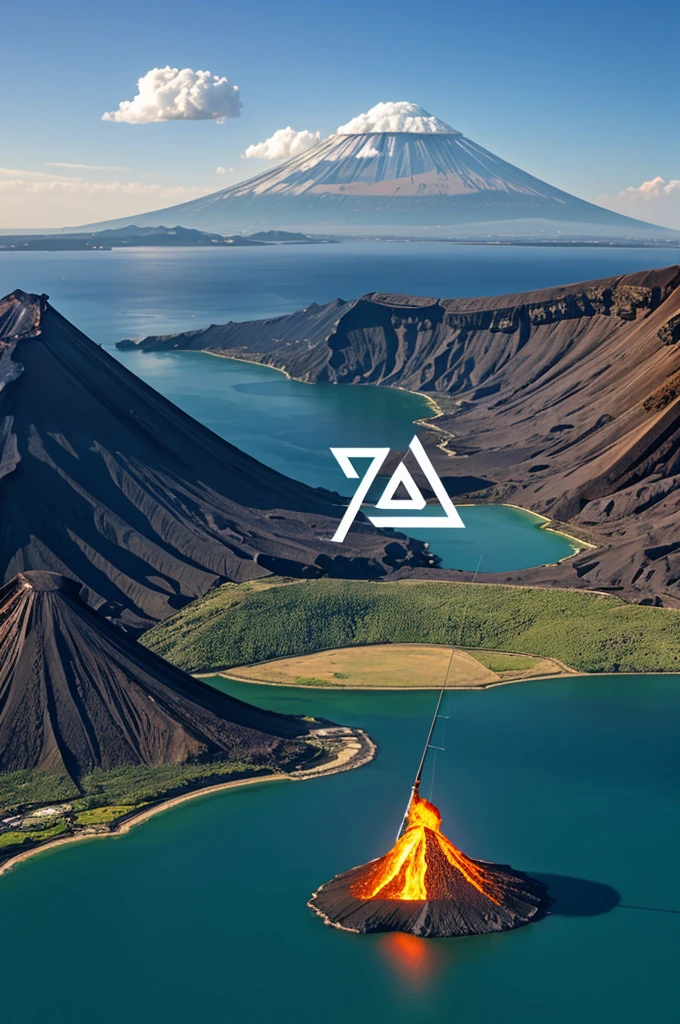 minimalist angler logo with a background of a volcano