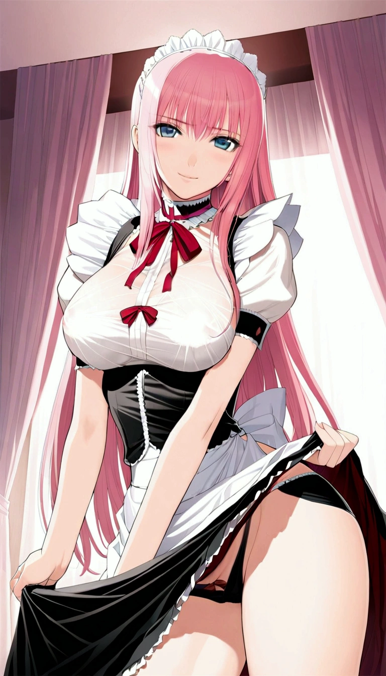 nsfw:1.2,Masterpiece:1.5,Detailed and beautiful depiction 1.5,Official Art,Beautiful adult woman ,Megurine Luka,Pink long hair,blue eyes,Large Breasts,Erotic smile temptation,Maid clothes,She lifts her skirt to reveal her black shorts,bedroom
