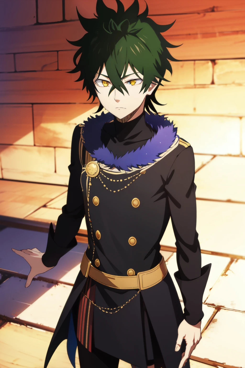 1boy, standing,solo,yuno_black_clover, black hair, yellow eyes, short hair, hair between eyes, half body photo