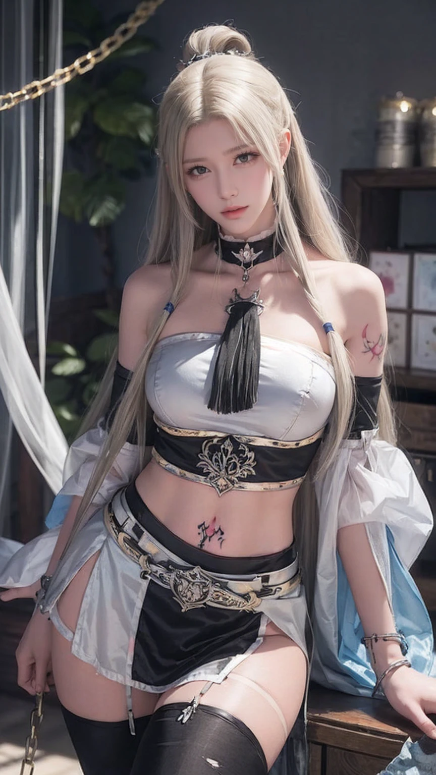 (((Sketch))), ((Watercolor)), long blonde hair, straight hair, hair between eyes, ((red eyes, glittering eyes)), large chest, (large hips), bare shoulders, pervert smirk, short sleeves, ((torn sleeves)), ((ripped crop top)), ((torn thighhighs)),(((pelvic curtain))), cuffs, chain, shackles, handcuffs, chained, bound wrists, cutout, ((Choker with chains)), (((slave tattoo))), Torn clothes, lips,