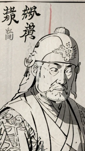 ((armor))、(((Monochrome))、((Men in ancient China))、((An ancient Chinese helmet with a long cord ornament on the top))、Highest quality、masterpiece、Ultra-high resolution、(Realistic:1.4)、Game Poster、Three Kingdoman with a beard,Oriental、