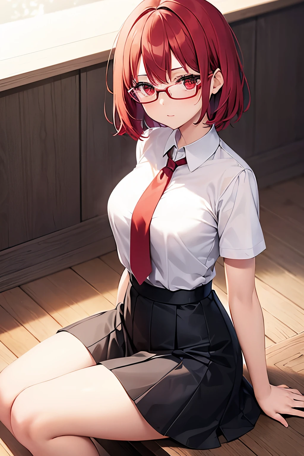 Beautiful girl, short red hair, red eyes, half-frame black glasses, her face a little shy, wearing a , white shirt, red ribbon tie, Knee-length black skirt.