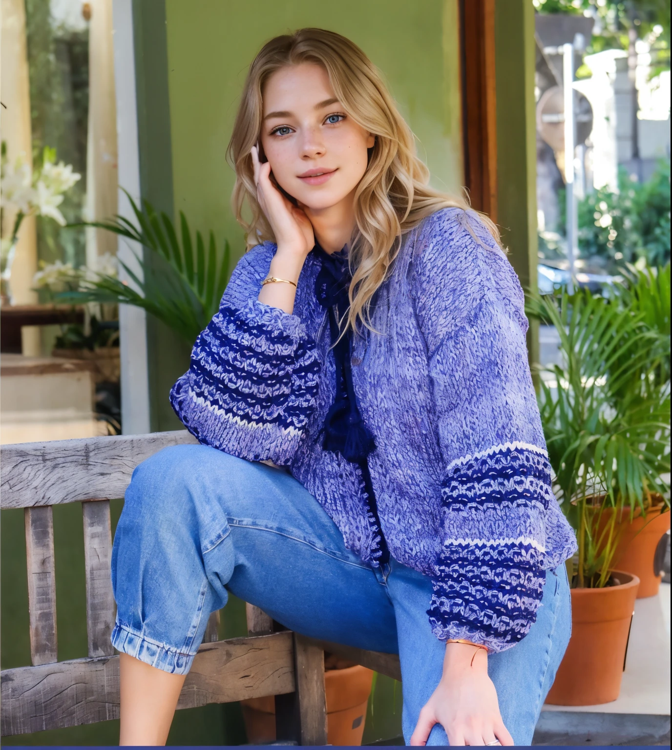 a one woman, americana, age 25, pale skin and freckles, grey-eyed, delicate nose, soft and delicate lips, distant, distant, wavy, waist-length blonde hair, Sweet smile, face with delicate feminine facial features, Highly Rendering, golden bracelet