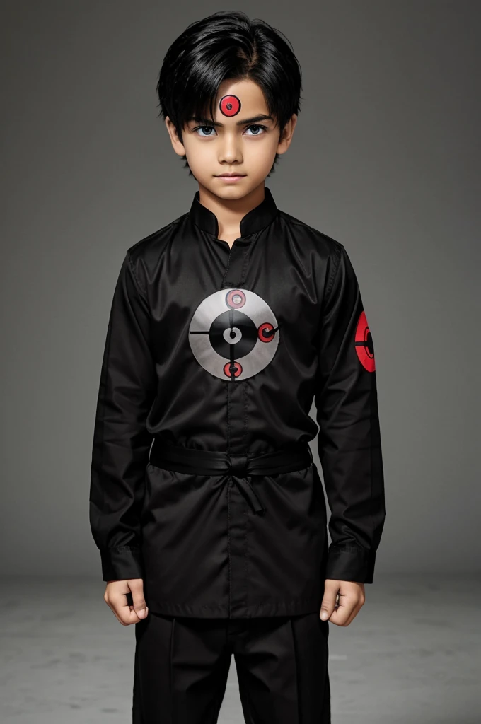 Boy wearing black colour outfits with sharingan in eye cartoon character