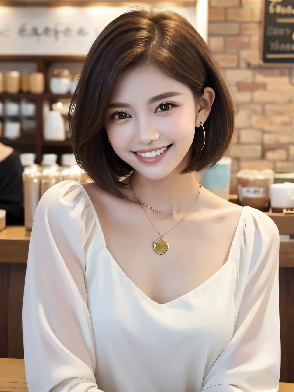 Clear Beauty、Short Haircut、 smile、Beautiful teeth alignment、Brown Hair、ear piercing、Necklace around the neck、Long sleeve blouse、The background is a coffee shop