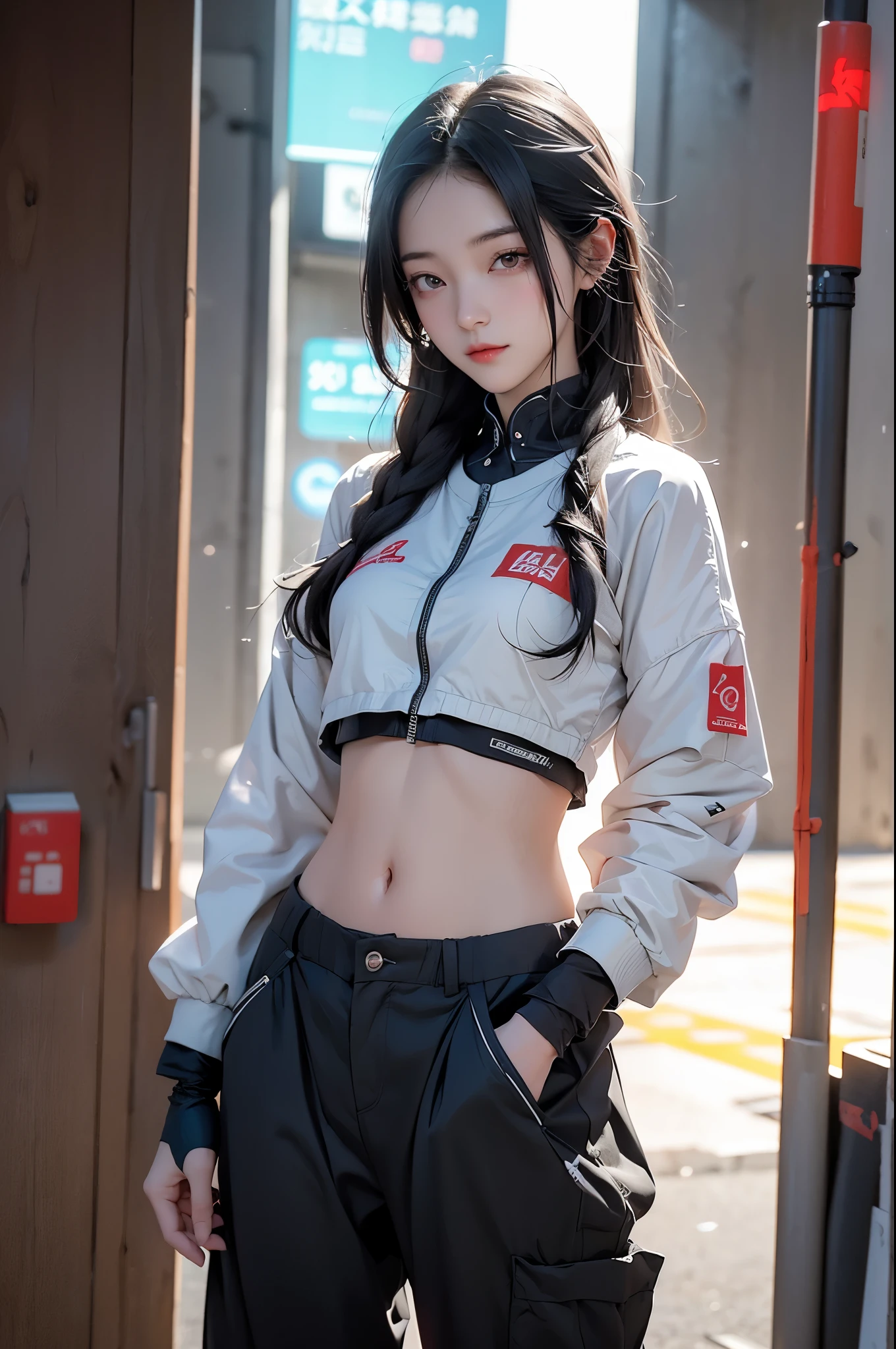 (RAW photos, best quality),(Practical, photo-Practical:1.3)穿着未来派西装在城市前摆姿势的动漫girl, cute girl, 賽博龐克動漫girl mech, 賽博龐克動漫girl, female 賽博龐克動漫girl, 美丽的girl, 机甲网络装甲的girl, Digital Cyberpunk Anime Art, girl, 赛博朋克美丽的girl, - girl, Perfect anime woman, Digital Cyberpunk - Animation Art, Anime Cyberpunk Art,Navel,Textured Skin