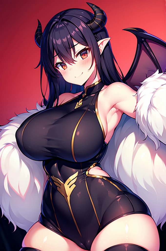 28 years old,Succubus,Tight waist,A beautiful woman,Goat horns on the sides of the head,bat wings on the back,,A gentle smile
