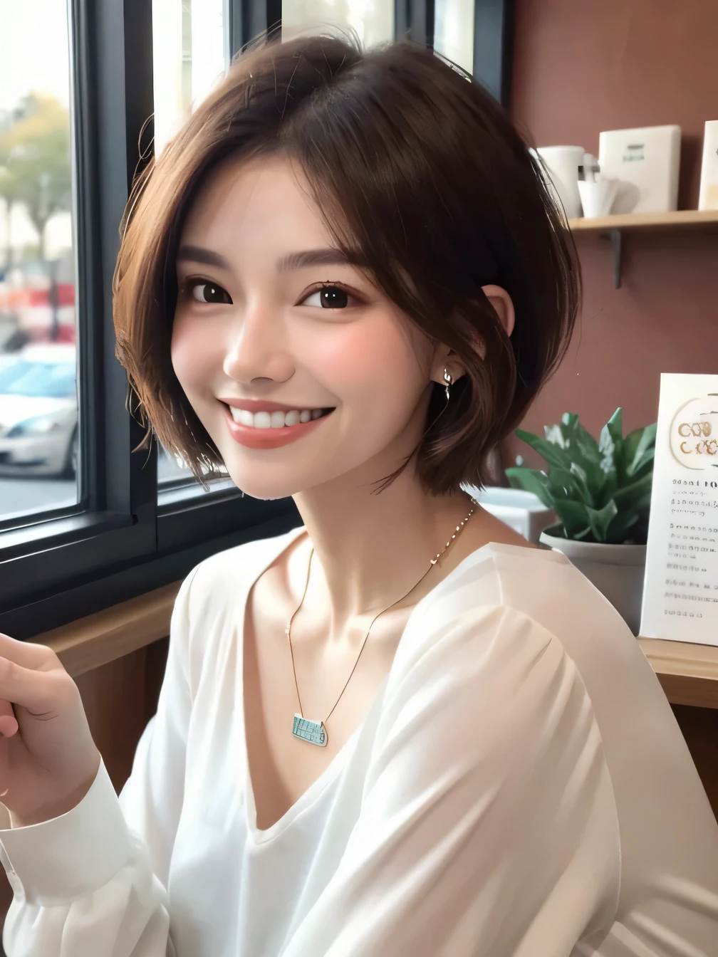 Clear Beauty、Short Haircut、 smile、Beautiful teeth alignment、Brown Hair、ear piercing、Necklace around the neck、Long sleeve blouse、The background is a coffee shop