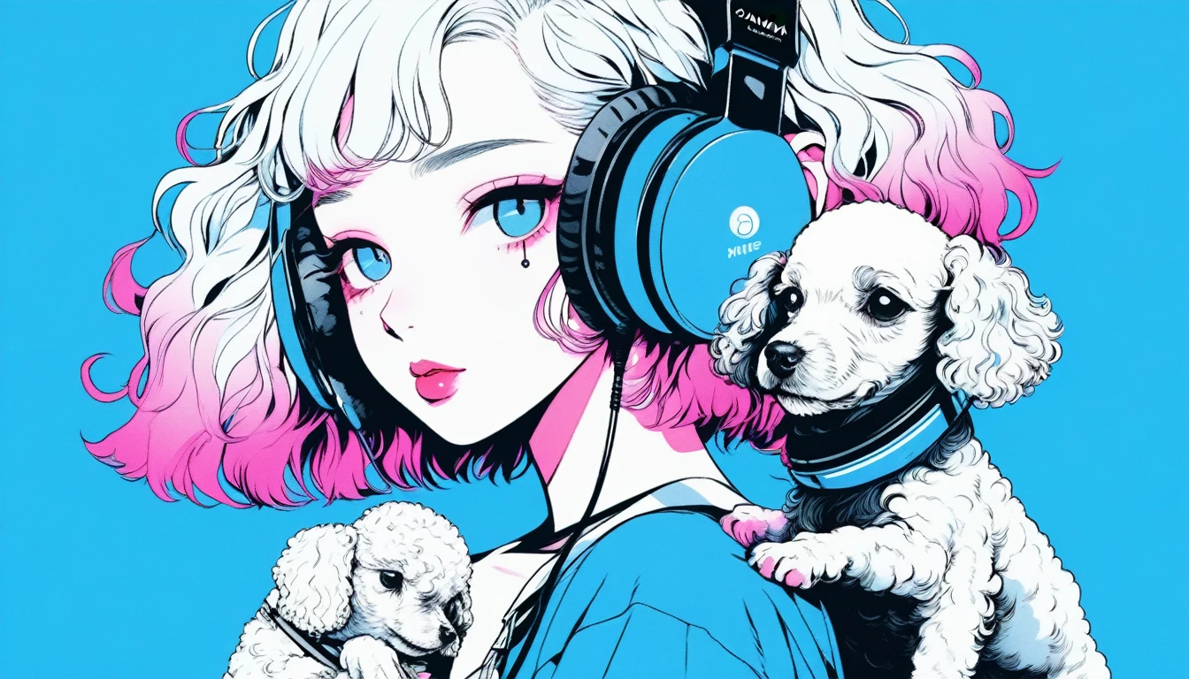 Illustrator, anime , Realistic ,sketch , A girl holding a cute poodle puppy wearing headphones, ,lip, T-shirt,order,Textured Trim, (masterpiece,Highest quality) Blue background, Neon Hair,Textured Trim, Canadian, (masterpiece,Highest quality) Cancer,