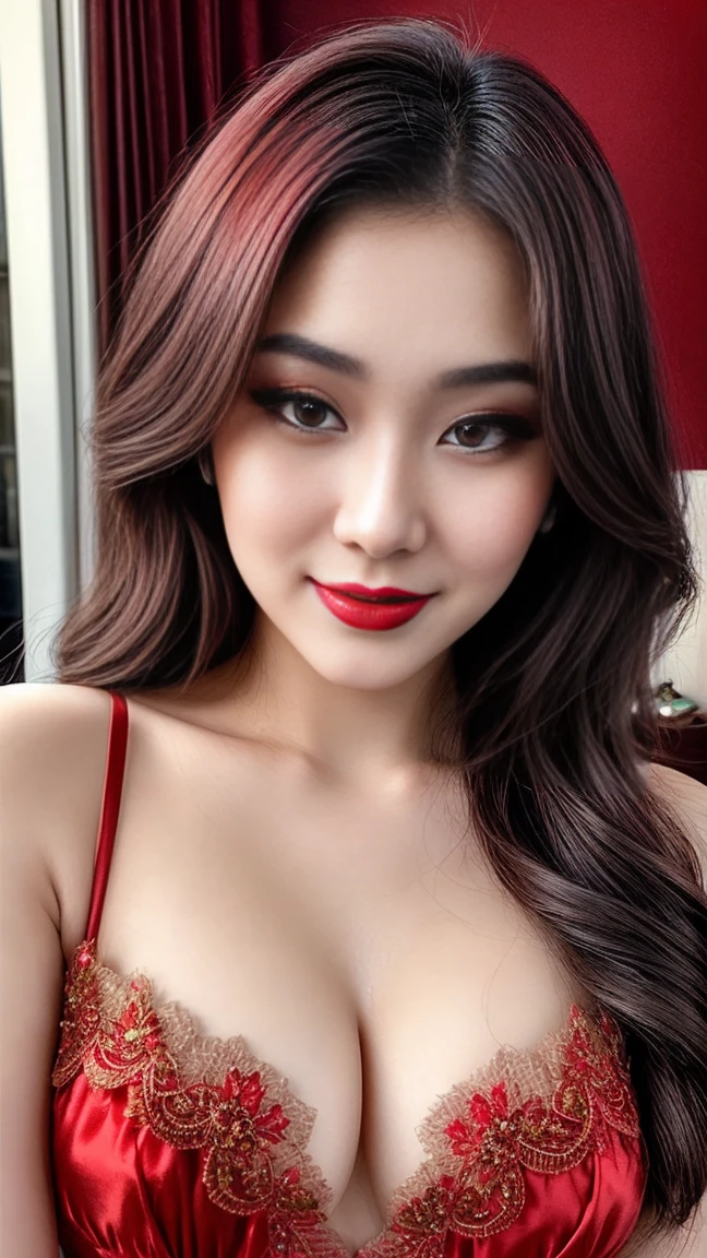 instagram photo, closeup face photo of 20 y.o Chloe in kebaya, Red Lipstick, sensual Lipstick, Sensational Make Up, cleavage, pale skin, (smile:0.4), hard shadows, Red G-STRING, bright lighting 