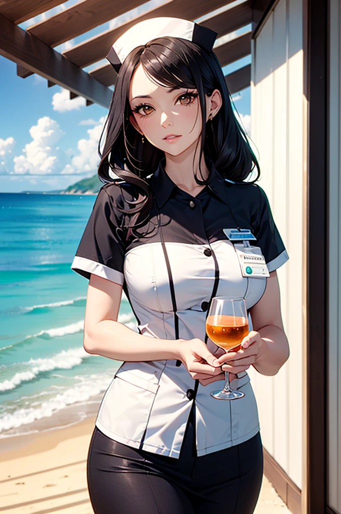 A woman with white skin, black hair, brown eyes using a nurse uniform and an golden glass next to an beautiful beach
