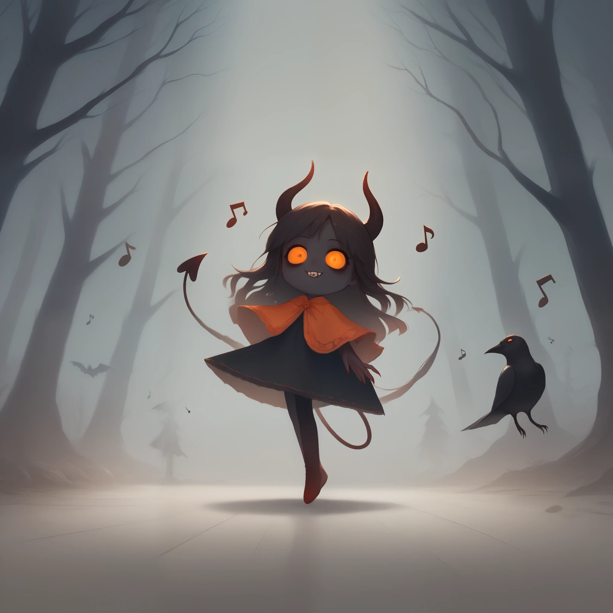 hzk,score_9, score_8_up, score_7_up, score_6_up, score_5_up, score_4_up,solo,1girl,(devil:1.6),cute,(dancing:1.4),evil smile,long nail,orange eyes,(looking down herself:1.3),wearing capelet\((very big:1.5),(very long:1.3),(traditional_patterned:1.2)\), BREAK ,music notes, (dead trees:1.3), in the forest,shadow_pappet\(bat,crow\),better hands