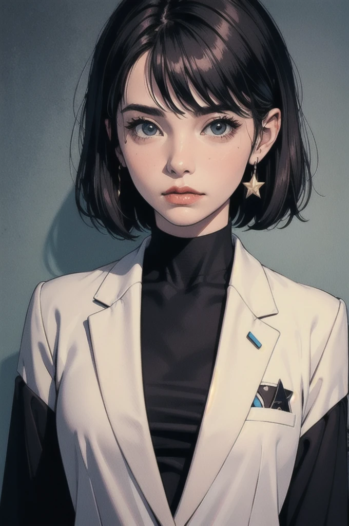 Wearing a blue shirt and a black turtleneck T-shirt、Close-up of a person in a suit with short hair, Eve Ryder, Star Trek, Portrait of a person, Double Al Set, detailed, Awards, Ultra-realistic
