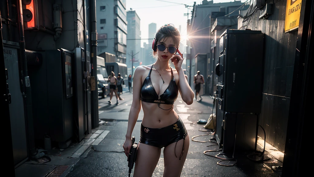 (masterpiece:1.1), hi-res, 4k, photorealistic, ((aerial view cyberpunk city)), at dark night. (((((1girl, solo, alone))))), large-breast:1.1 slim body, cleavage:1.1, sexy clothes, (headphone, black sunglasses), (((standing and holding pistol pose))), half-body thigh level medium shot, cinematic lighting, lens flare, ray tracing.