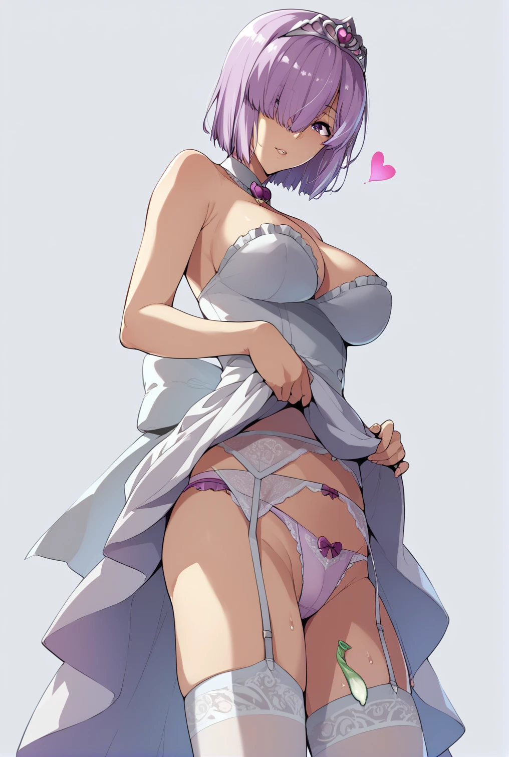 A lot of used condoms、front、Ultra-detailed illustrations、Ultra-precise expression、masterpiece、Highest quality、ultra High resolution、High resolution、Hiromitsu Takeda Style、Angle from the side、White background、Simple Background、Character portrait、One girl、solo、Mash Kyrielight、light purple hair,short hair,hair over one eyes、Wedding dress、Heart Tiara、White tights、Frill Panties、garter belt、