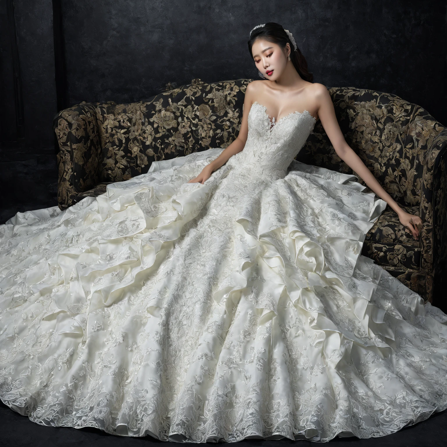 In a striking 8K HDR scene, a stunning Korean woman, 22 years old, lies peacefully in a black coffin surrounded by plush pillows. The deep box is set against a rich black background, accentuating the beauty of the subject. Her exquisite deep-V neckline ba11lgown attire is embroidered with superb detail, see-through wedding dress with flower-shape lace, showcasing her round and firm breasts, perfect cleavage, and beautiful eyebrows. Her closed eyes and mouth give an air of serenity, while her visible and absolute cleavage leave nothing to imagination. The scene is bathed in saturated colors, highlighting every intricate aspect from the ball skirt to her clean face, straight body, detailed hand perfect hands, straight body, own hands together, own hand on stomach, detailed hands, perfect hands.