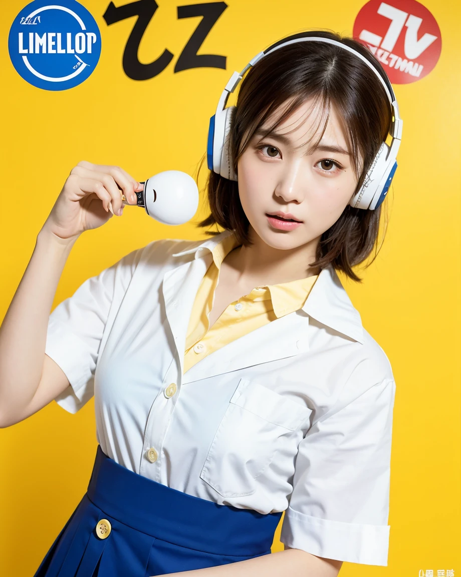 Realistic, 8K, masterpiece, RAW Photos, Highest quality, Realistic, 非常に詳細な CG Unity 8K 壁紙, Written boundary depth, Cinematic Light, Lens flare, Ray Tracing, Perfect lighting,short hair, (Delicate skin), (Delicate face), (Pop Background :1.1), person standing and watching、Comical movement,1 female、Headphones,(Yellow background),Modern Style,Artistic,moving composition,Unique Pattern,Bold Texture,colorful,Imaginative,Whimsical,Vibrant,like々Shii,Playful,Lively,creative,Expressive,stylish,tendency,One Girl,Eating pizza、Coca-Cola Poster、Lemon on the background,BREAK (school uniform:1.2), ((loose style, tucked out tops):1.2), (fusion of oversized white tunic and white collared-shirt with untucked:1.4), (short sleeve:1.3), (button-up:1.4),(close up)