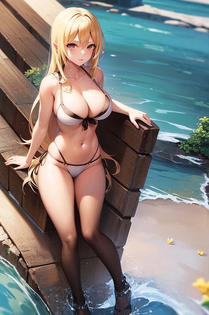 (best quality,Unparalleled masterpiece:1.4),Ultra-detailed CG 4K,blonde，Maid tiara， Loose bikini，thong，High heel，huge，rendering，huge，squat on the ground