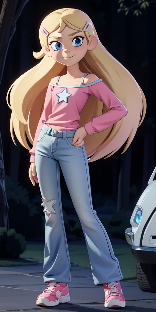 score_9, source_cartoon, masterpiece, best quality, 1girl, solo, Kelly Marra, looking very happy, long hair, blonde hair, cute blue eyes, hair ornament, white long sleeves, hairclip, flare blue pants(Wide flares on pants:1.2), pink shoes, off shoulder, white star (symbol) in the middle of the shirt, Pink t-shirt,
