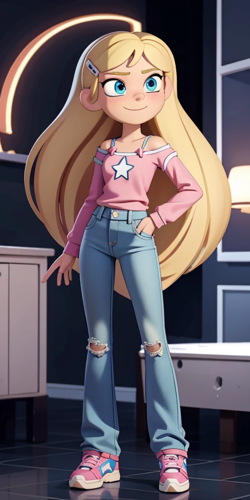 score_9, source_cartoon, masterpiece, best quality, 1girl, solo, Kelly Marra, looking very happy, long hair, blonde hair, cute blue eyes, hair ornament, white long sleeves, hairclip, flare blue pants(Wide flares on pants:1.2), pink shoes, off shoulder, white star (symbol) in the middle of the shirt, Pink t-shirt,
