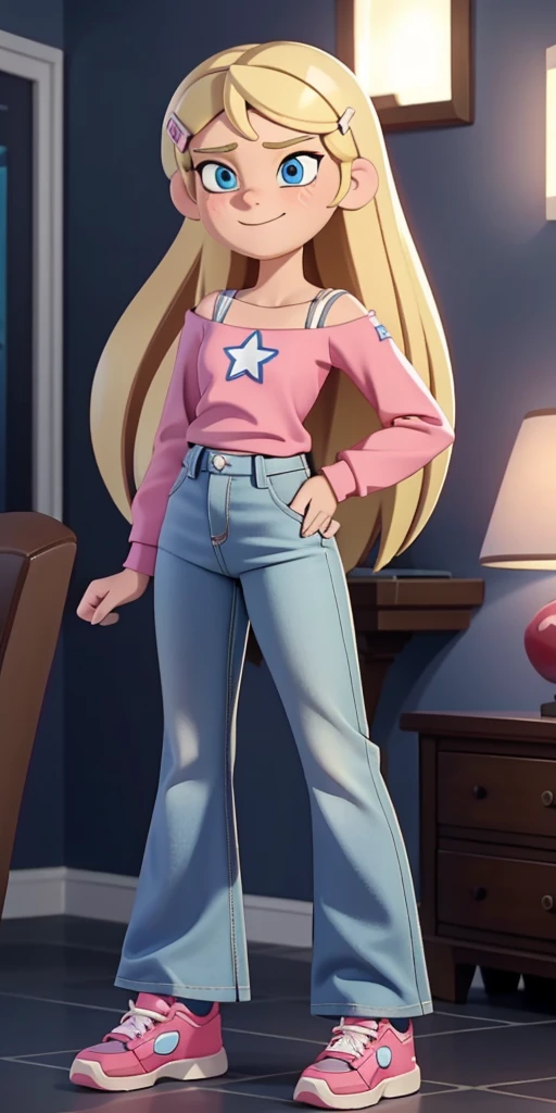 score_9, source_cartoon, masterpiece, best quality, 1girl, solo, Kelly Marra, looking very happy, long hair, blonde hair, cute blue eyes, hair ornament, white long sleeves, hairclip, flare blue pants(Wide flares on pants:1.2), pink shoes, off shoulder, white star (symbol) in the middle of the shirt, Pink t-shirt,
