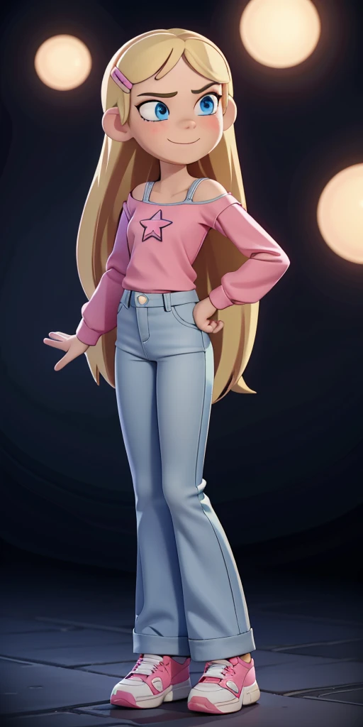 score_9, source_cartoon, masterpiece, best quality, 1girl, solo, Kelly Marra, looking very happy, long hair, blonde hair, cute blue eyes, hair ornament, white long sleeves, hairclip, flare blue pants(Wide flares on pants:1.2), pink shoes, off shoulder, white star (symbol) in the middle of the shirt, Pink t-shirt,
