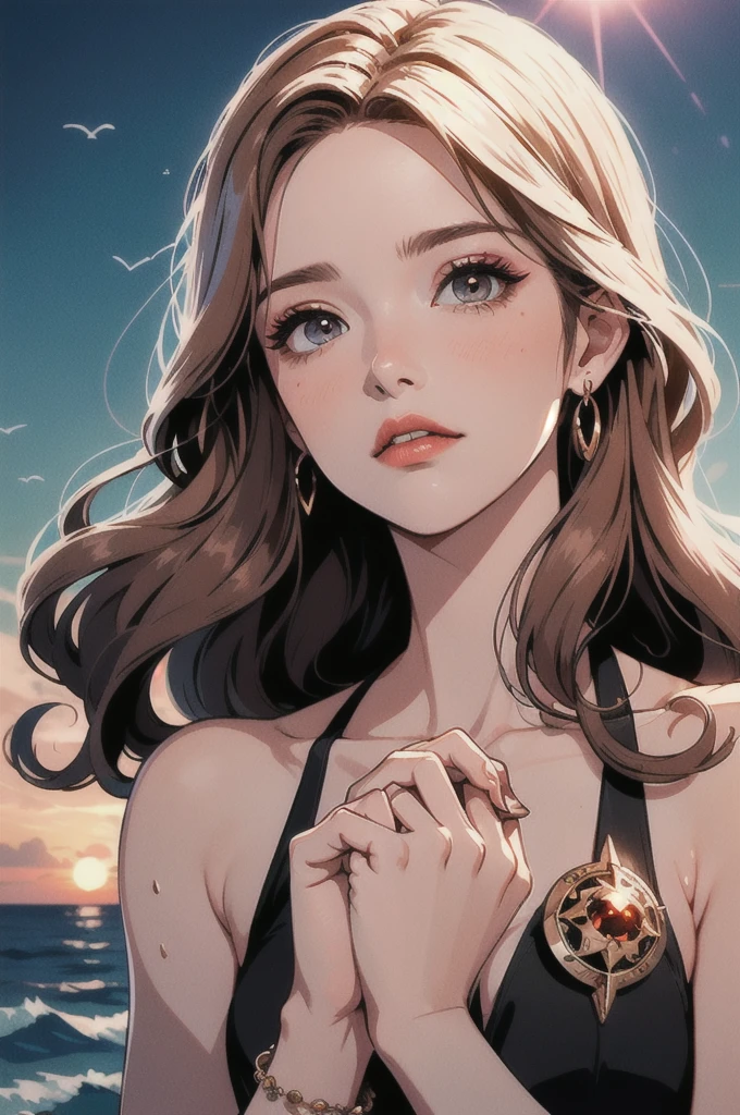 ( high quality , Highly detailed hands ) ( careful hand ) Zodiac sign - Aries Goddess , Similar to the goodness of Latin , Brave ,Selfish ,Productive ,enterprising and humanitarian face . Sulky, Impulsive, impatient, Assertive style . Sunset reddish hair , Transparent Dress , In the sea of the sun , whole body , Crystal Fire Eye ( Eye details ) . Strong and powerful makeup . Goddess of Fire .